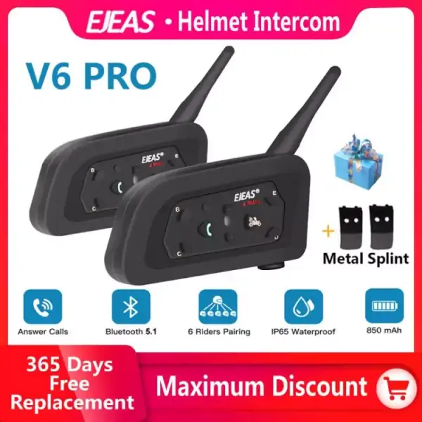Pack 2x Intercomunicador EJEAS V6Pro con Bluetooth para moto Pack 2x Intercomunicador EJEAS V6Pro con Bluetooth para moto