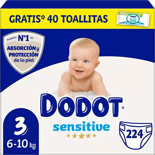 Pañales Bebé Sensitive Talla 3, 224 + 40 Toallitas Gratis, Protección Óptima, Pack Mensual Dodot. Pañales Bebé Sensitive Talla 3, 224 + 40 Toallitas Gratis, Protección Óptima, Pack Mensual Dodot.