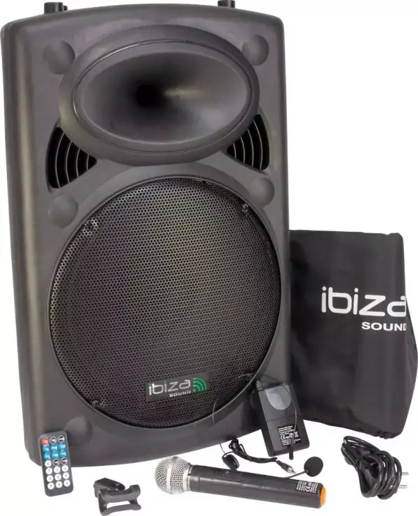 Altavoz portátil 15"/800W con 2 micrófonos y Bluetooth. Autonomía 3-5h. Altavoz portátil 15"/800W con 2 micrófonos y Bluetooth. Autonomía 3-5h.