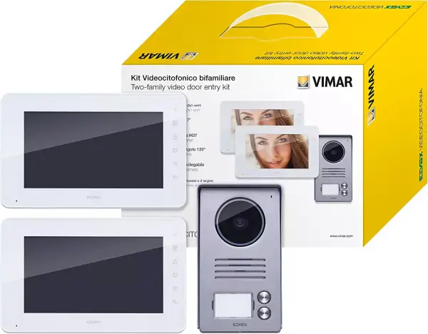 Kit videoportero Vimar K40911 con 2 LCD de 7 in, placa de entrada de 2 pulsadores y 2 alimentadores intercambiables. Kit videoportero Vimar K40911 con 2 LCD de 7 in, placa de entrada de 2 pulsadores y 2 alimentadores intercambiables.