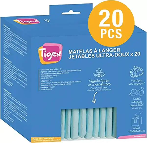Cambiador Desechable Tigex para Bebé | Paquete de 20 (1 unidad) Cambiador Desechable Tigex para Bebé | Paquete de 20 (1 unidad)