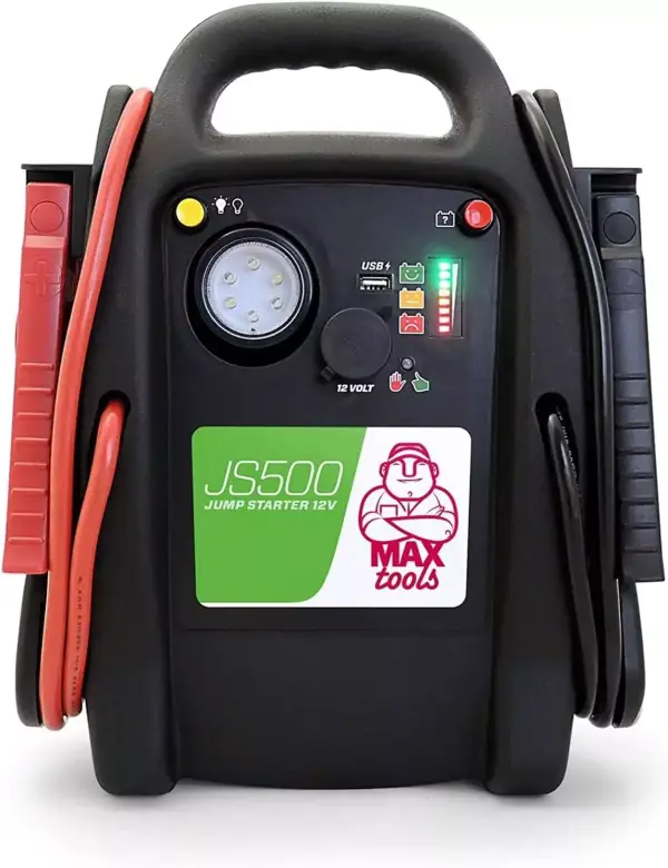 Arrancador de emergencia MAXTOOLS JS500 de 12V con linterna LED y puerto USB. Arrancador de emergencia MAXTOOLS JS500 de 12V con linterna LED y puerto USB.