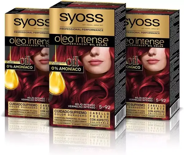 Tinte Syoss Oleo Intense Rojo 5-92: Cobertura profesional de canas y resultados de peluquería sin amoníaco (Pack de 3). Tinte Syoss Oleo Intense Rojo 5-92: Cobertura profesional de canas y resultados de peluquería sin amoníaco (Pack de 3).