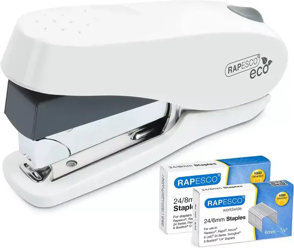 Grapadora Rapesco 1467 ECO Luna con 2 cajas de grapas, capacidad de 50 hojas y blanco mate. Grapadora Rapesco 1467 ECO Luna con 2 cajas de grapas, capacidad de 50 hojas y blanco mate.