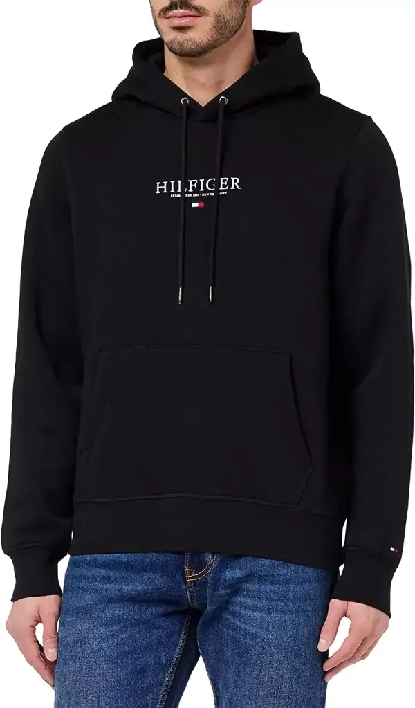 "Hilfiger Logo Hoody: Sudadera exclusiva para hombre en negro" "Hilfiger Logo Hoody: Sudadera exclusiva para hombre en negro"