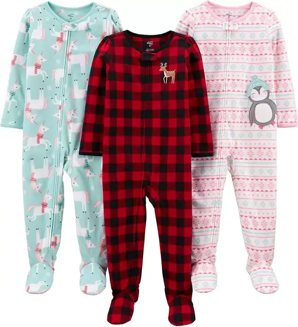 Pijamas de forro polar para bebé niña, 3 pack, talla 12m, Cuadros de Vichy/Pingüino/Unicornio Pijamas de forro polar para bebé niña, 3 pack, talla 12m, Cuadros de Vichy/Pingüino/Unicornio