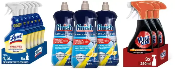 Lysol desinfectante cocina + Finish abrillantador + Vitroclen spray Lysol desinfectante cocina + Finish abrillantador + Vitroclen spray