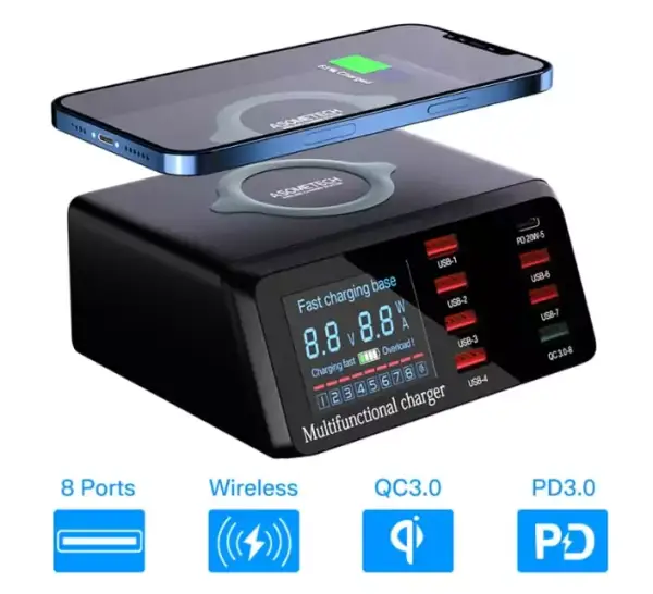 Estación de carga USB con 8 puertos + inalámbrica Estación de carga USB con 8 puertos + inalámbrica