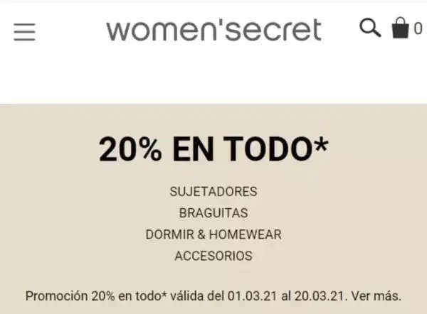 20% de descuento en todo en Women'secret 20% de descuento en todo en Women'secret