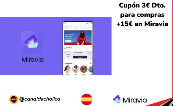 Cupón 3€ Dto. para compras +15€ en Miravia Cupón 3€ Dto. para compras +15€ en Miravia