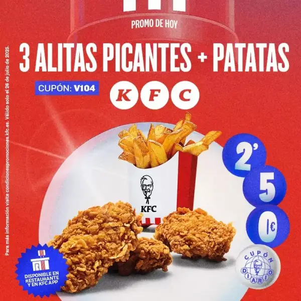 3 Alitas Picantes + Patatas en KFC (Disponible en restaurantes y KFC APP) 3 Alitas Picantes + Patatas en KFC (Disponible en restaurantes y KFC APP)