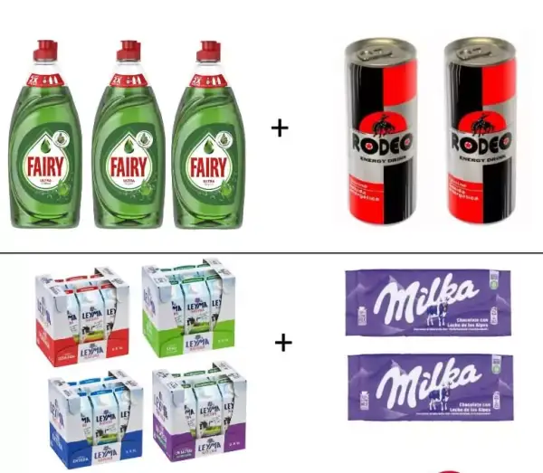 6L de leche + 2 tabletas Milka o 3 fairy más 2 bebidas energéticas 6L de leche + 2 tabletas Milka o 3 fairy más 2 bebidas energéticas