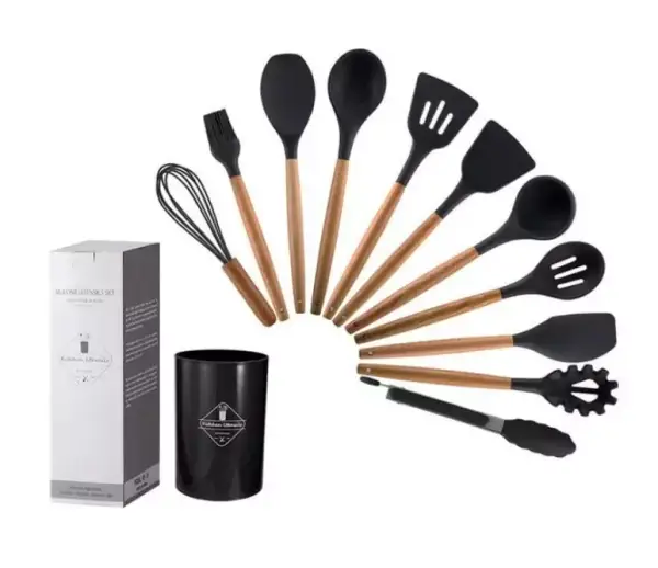 Set de 12 utensilios de cocina de silicona con mango de madera Set de 12 utensilios de cocina de silicona con mango de madera
