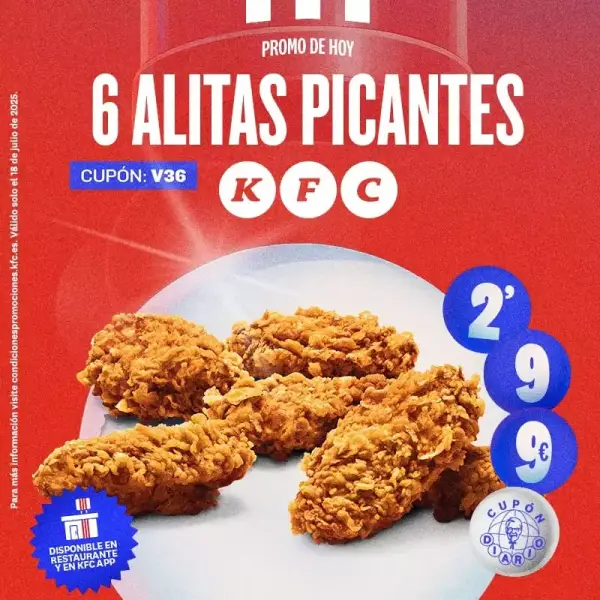 Cupón para 6 Alitas picantes de KFC (SOLO HOY) Cupón para 6 Alitas picantes de KFC (SOLO HOY)