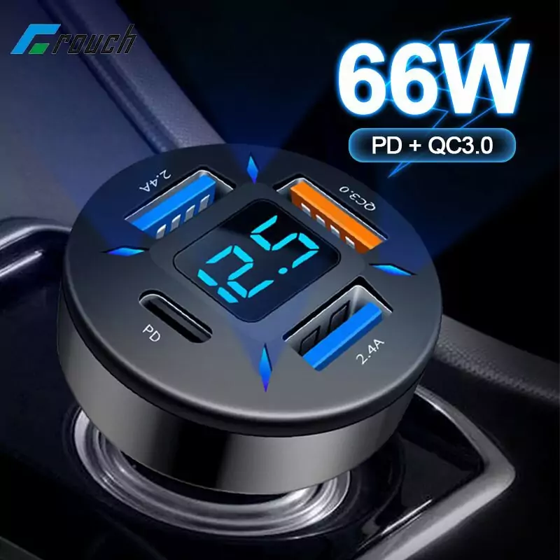 Cargador de coche con 4 puertos USB 66W QC y PD Cargador de coche con 4 puertos USB 66W QC y PD