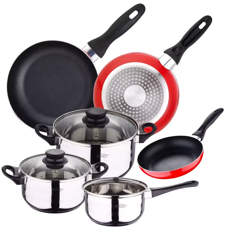 Batería de cocina de 5 piezas acero inoxidable + juego de 3 sartenes SAN IGNACIO Batería de cocina de 5 piezas acero inoxidable + juego de 3 sartenes SAN IGNACIO