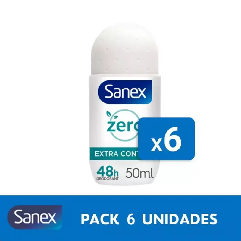 Desodorante roll-on Sanex Zero% Extra Control protección 48h 50ml. Pack 6 Desodorante roll-on Sanex Zero% Extra Control protección 48h 50ml. Pack 6