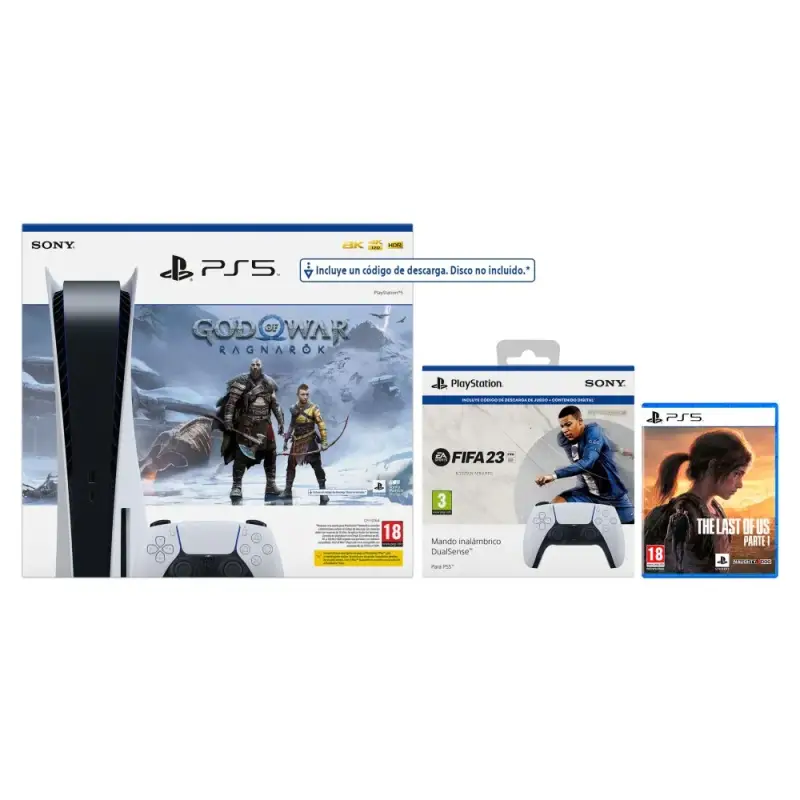 PlayStation 5 lector + Gof of War: Ragnarok + Fifa 23 + LOU Parte 1 + 2 mandos DualSense PlayStation 5 lector + Gof of War: Ragnarok + Fifa 23 + LOU Parte 1 + 2 mandos DualSense