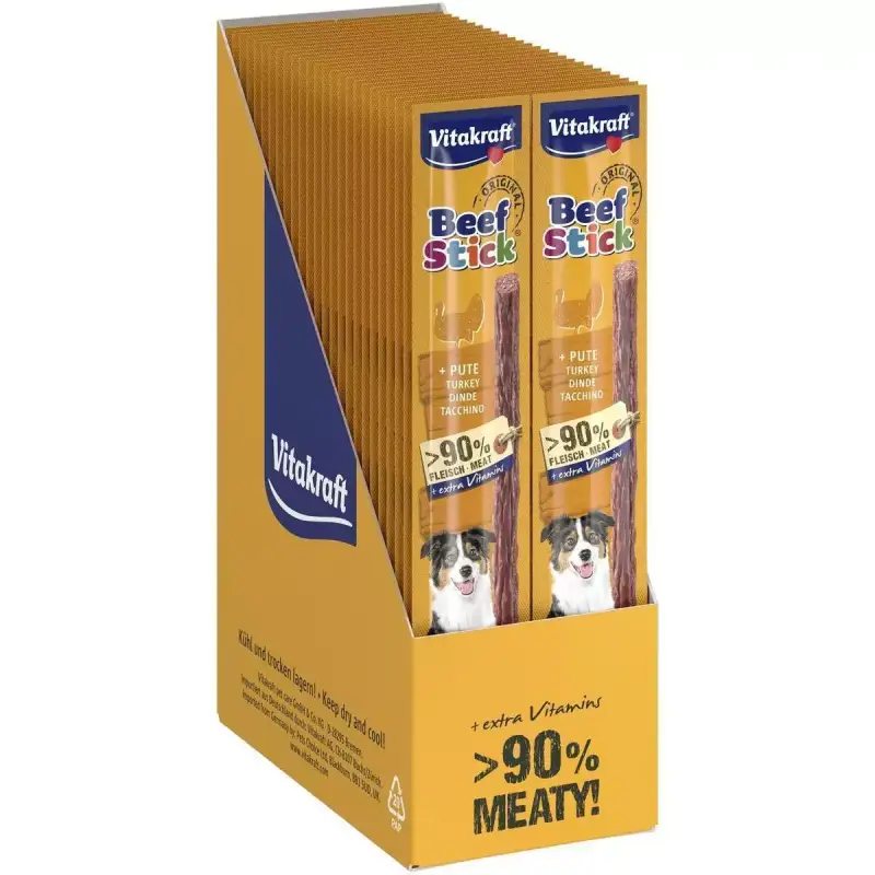 Pack de 50 unidades de snacks de tiras para perro Beef-stick de buey y pavo Pack de 50 unidades de snacks de tiras para perro Beef-stick de buey y pavo