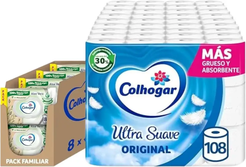 Pack Colhogar Ultra Suave 108 Rollos + Toallitas Húmedas Aloe 640 Uds Pack Colhogar Ultra Suave 108 Rollos + Toallitas Húmedas Aloe 640 Uds