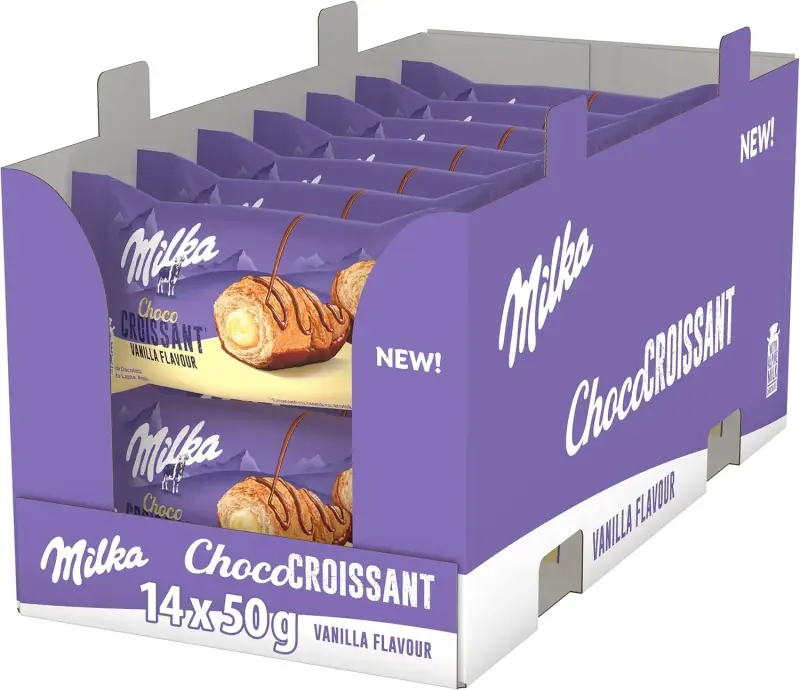 14x50gr Milka Croissant Chocolate con Relleno de Crema de Vainilla 14x50gr Milka Croissant Chocolate con Relleno de Crema de Vainilla