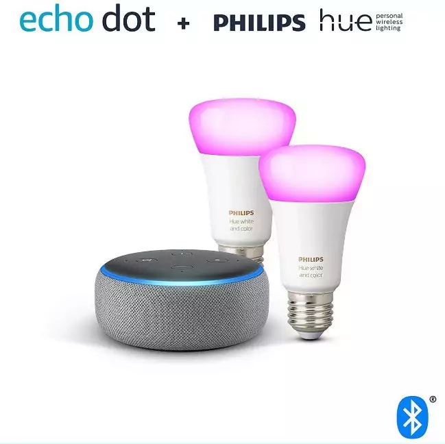 Echo Dot 3.ª Gen. + Pack de 2 bombillas LED Philips Hue Echo Dot 3.ª Gen. + Pack de 2 bombillas LED Philips Hue
