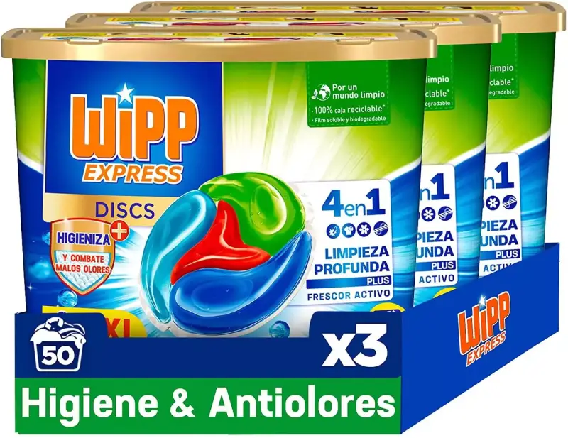 Pack de 3 Wipp Express detergente antiolores 50 discos Pack de 3 Wipp Express detergente antiolores 50 discos