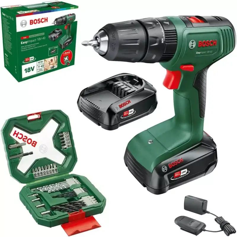 Taladro percutor inalámbrico Bosch EasyImpact + Set Brocas + 2 baterías Taladro percutor inalámbrico Bosch EasyImpact + Set Brocas + 2 baterías