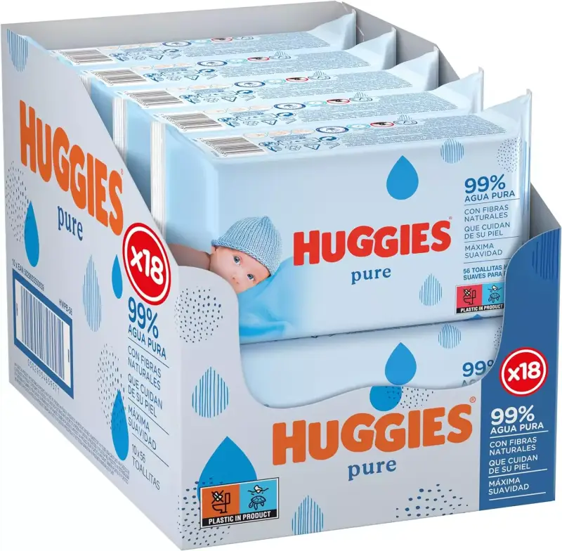 18 Packs de 56 toallitas Huggies Pure (1008 toallitas) 18 Packs de 56 toallitas Huggies Pure (1008 toallitas)