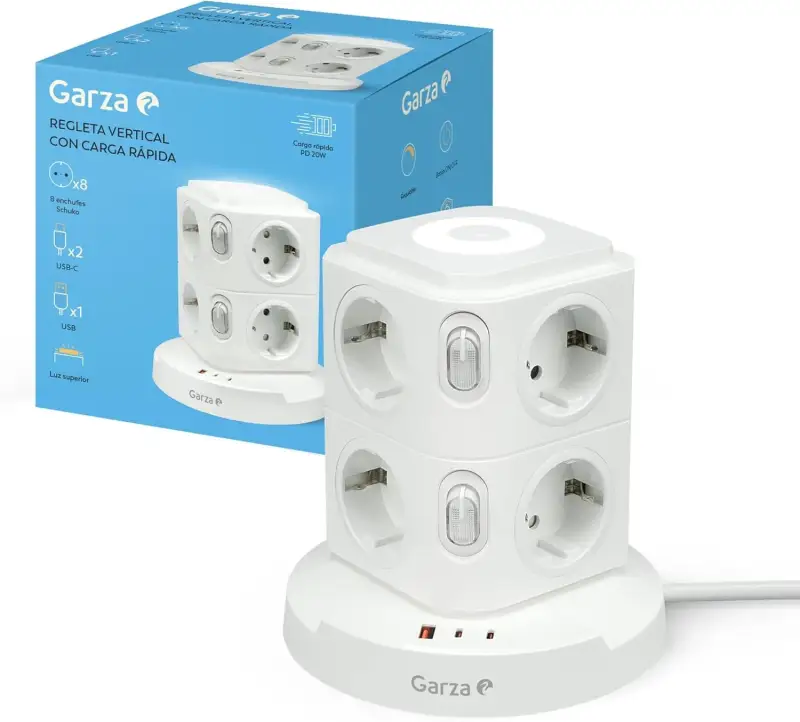 Regleta vertical Garza 8 Enchufes Schuko + 2xUSB-C + USB-A + Luz Regleta vertical Garza 8 Enchufes Schuko + 2xUSB-C + USB-A + Luz
