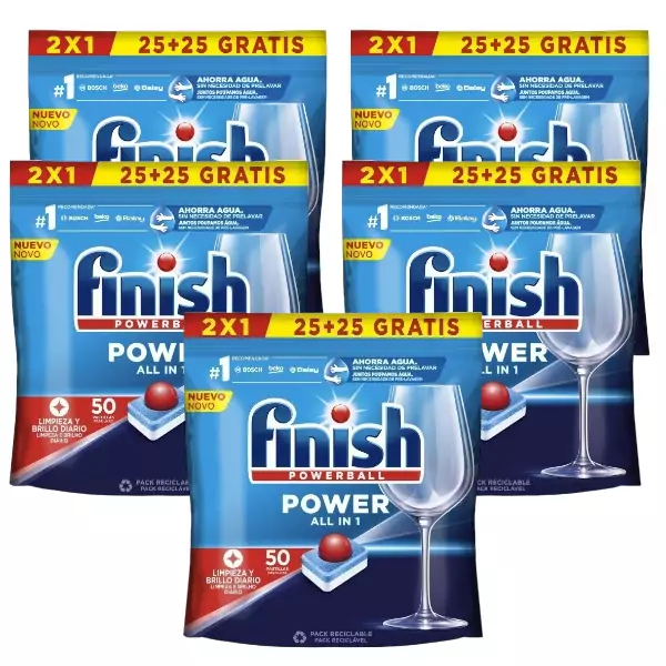 Pack de 5 Finish Power All in 1 de 25+25 pastillas (total 250) Pack de 5 Finish Power All in 1 de 25+25 pastillas (total 250)