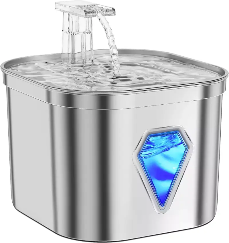 Fuente de agua 2.5L acero inoxidable para mascotas con luz LED Fuente de agua 2.5L acero inoxidable para mascotas con luz LED