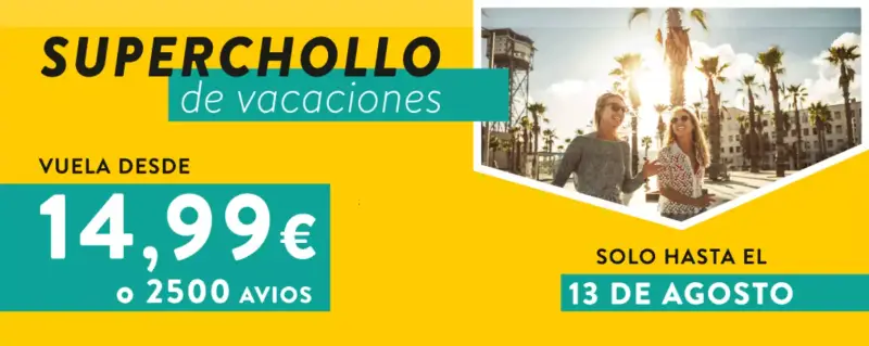 Vuela desde 14,99€ o 2500 Avios solo hasta el 13 de agosto con Vueling Vuela desde 14,99€ o 2500 Avios solo hasta el 13 de agosto con Vueling