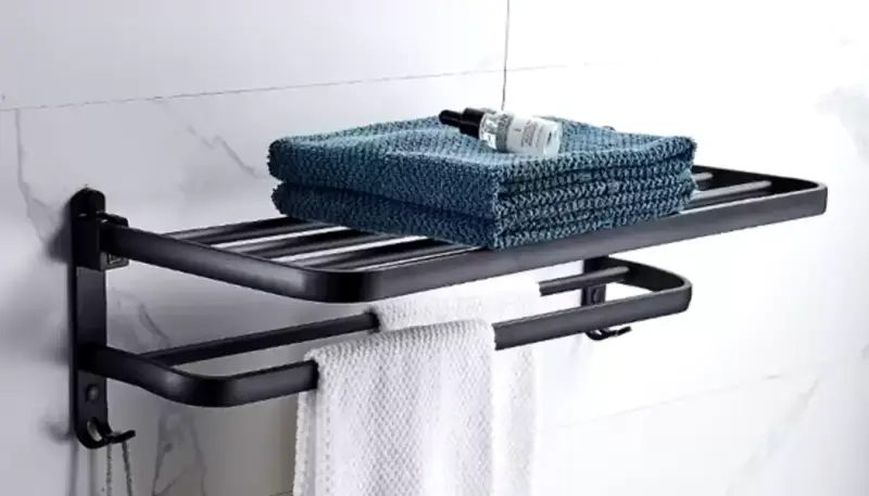 Soporte plegable negro mate de 50cm con gancho Soporte plegable negro mate de 50cm con gancho