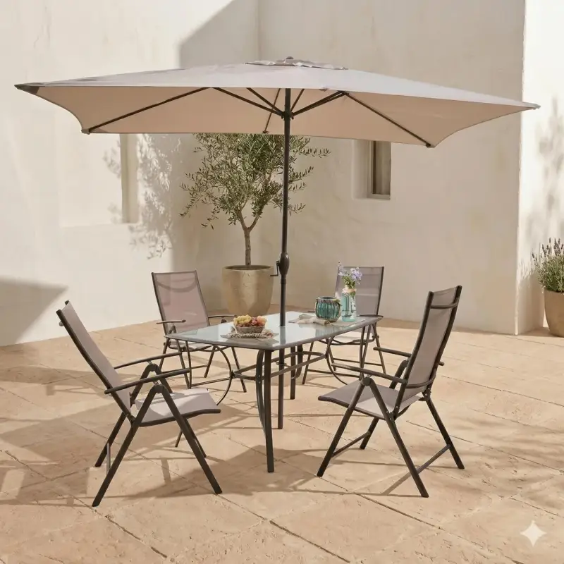 Conjunto de Jardín de Acero Mesa + 4 Sillones + 1 Parasol Conjunto de Jardín de Acero Mesa + 4 Sillones + 1 Parasol
