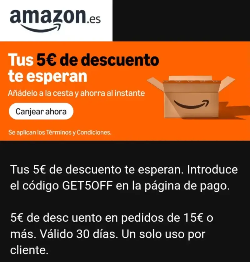 5€ de descuento en Amazon (Cuentas Seleccionadas) 5€ de descuento en Amazon (Cuentas Seleccionadas)