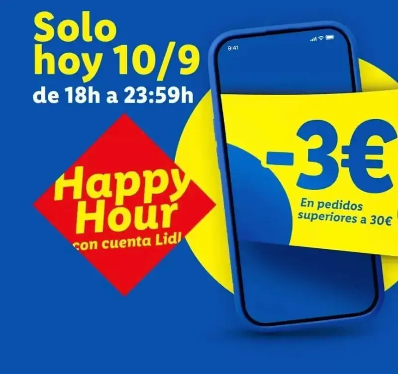 3€ Dto. en pedidos +30€ (Happy Hour 18:00–23:59) en Lidl 3€ Dto. en pedidos +30€ (Happy Hour 18:00–23:59) en Lidl