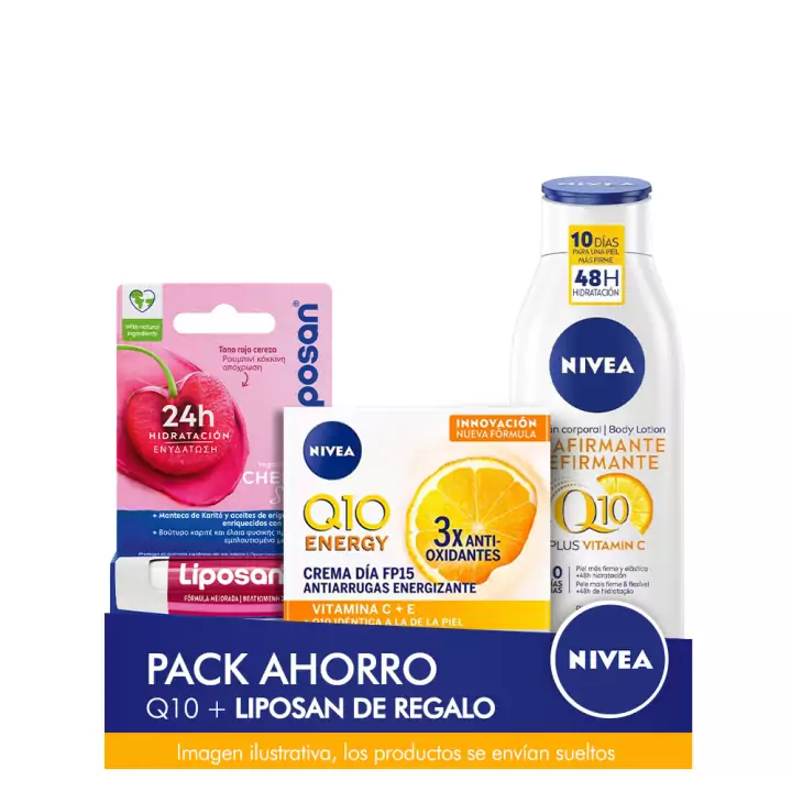 Pack Nivea Q10: Crema facial de día + loción corporal + Liposan Pack Nivea Q10: Crema facial de día + loción corporal + Liposan