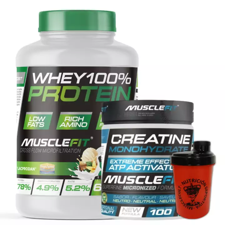Pack Whey 100% Proteínas 2000g + Creatina 300g MuscleFIt + Shaker Pack Whey 100% Proteínas 2000g + Creatina 300g MuscleFIt + Shaker
