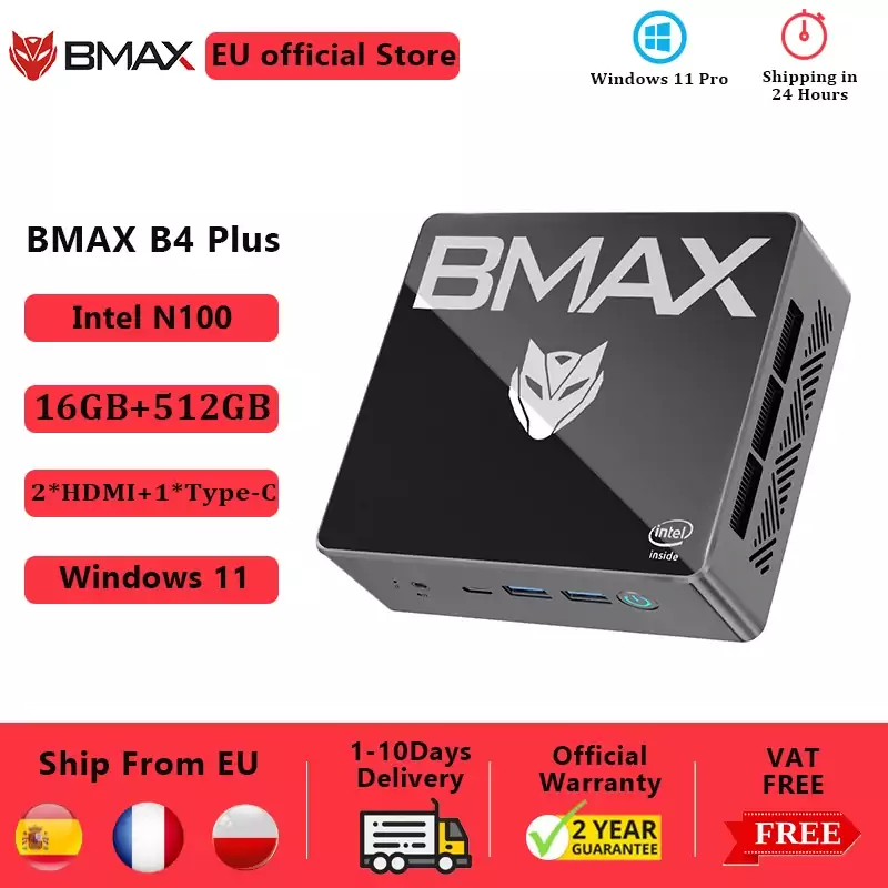 BMAX-Mini PC B4 Plus, Windows 11, Intel N100, 16GB, DDR4, 512GB BMAX-Mini PC B4 Plus, Windows 11, Intel N100, 16GB, DDR4, 512GB