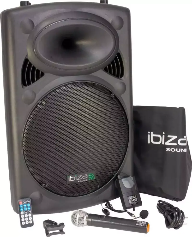 Altavoz portátil 15"/800W con 2 micrófonos y Bluetooth. Autonomía 3-5h. Altavoz portátil 15"/800W con 2 micrófonos y Bluetooth. Autonomía 3-5h.