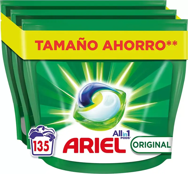 Ariel All-in-One: Detergente en cápsulas para 135 lavados. 5 acciones para una limpieza brillante. Ariel All-in-One: Detergente en cápsulas para 135 lavados. 5 acciones para una limpieza brillante.