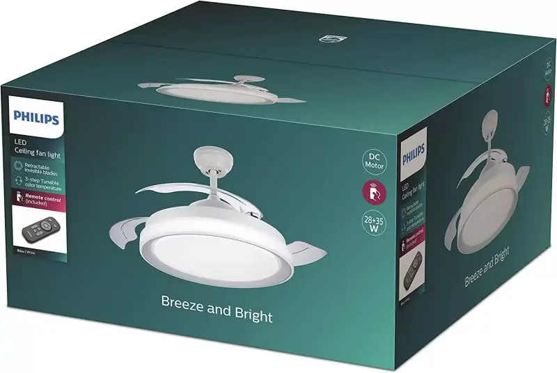 Philips - Bliss Ventilador de techo con luz LED y mando, ahorro de energía y luz ajustable, blanco Philips - Bliss Ventilador de techo con luz LED y mando, ahorro de energía y luz ajustable, blanco
