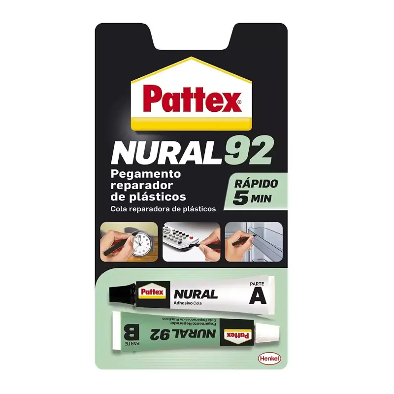 Pattex Nural 92: pegamento reparador de plásticos transparente resistente al agua y al calor, 2 x 11 ml. Pattex Nural 92: pegamento reparador de plásticos transparente resistente al agua y al calor, 2 x 11 ml.