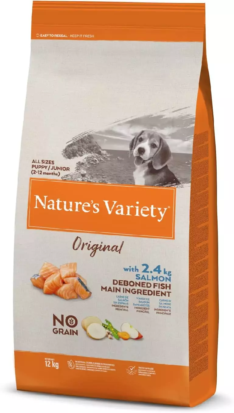 Pienso No Grain Nature's Variety con salmón para perros junior, 12 kg. Pienso No Grain Nature's Variety con salmón para perros junior, 12 kg.