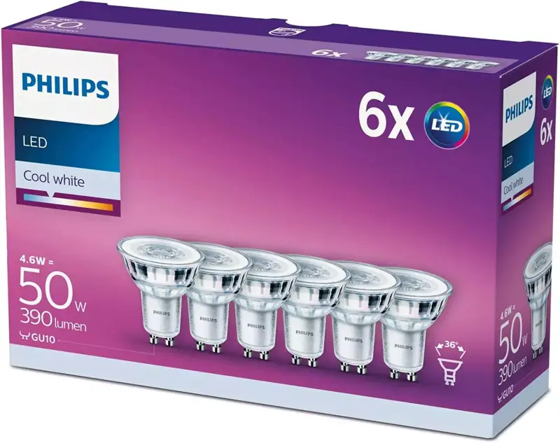 Pack 6 Bombillas LED Philips 4,5W GU10 Blanco frío Pack 6 Bombillas LED Philips 4,5W GU10 Blanco frío
