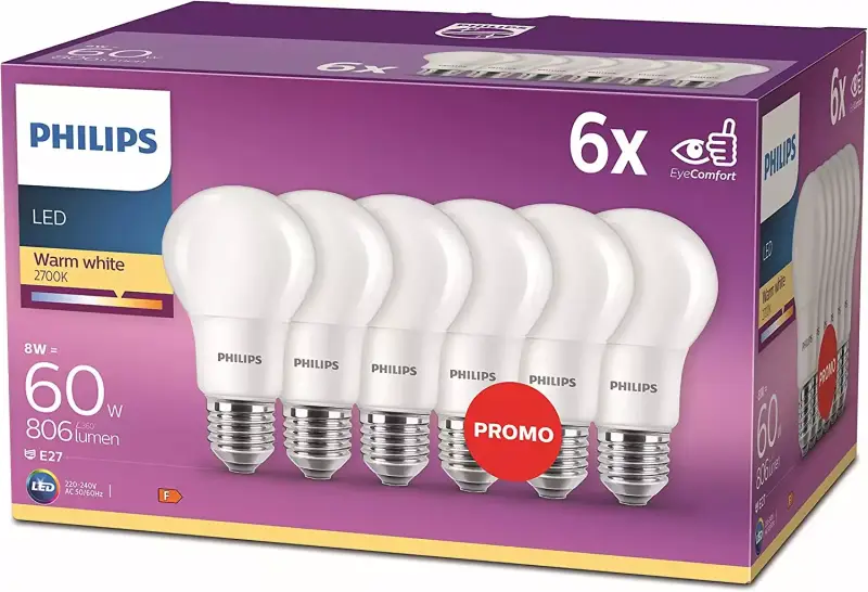 Pack 6 - Bombilla LED esférica Philips E27 8W, equivale a 60W, luz blanca cálida, 806 lúmenes Pack 6 - Bombilla LED esférica Philips E27 8W, equivale a 60W, luz blanca cálida, 806 lúmenes