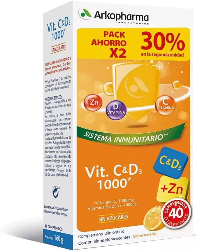 Arkopharma Vitamina C&D3 + Zinc 20 Comprimidos Efervescentes X2: Refuerzo Sistema Inmune, Huesos, Menopausia. Arkopharma Vitamina C&D3 + Zinc 20 Comprimidos Efervescentes X2: Refuerzo Sistema Inmune, Huesos, Menopausia.