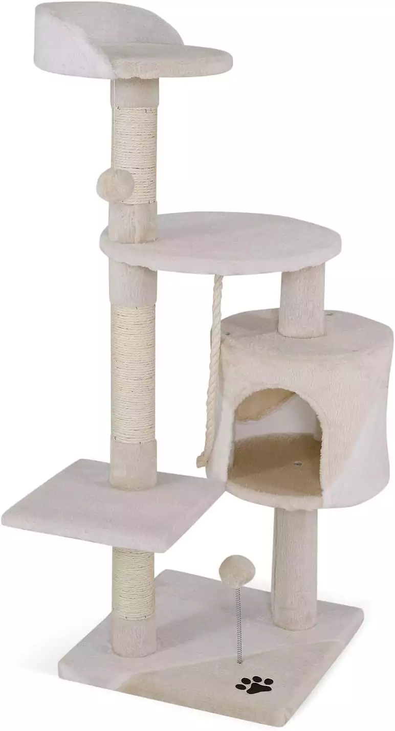 "Árbol rascador para gatos de 112 cm en Beige/Blanco" "Árbol rascador para gatos de 112 cm en Beige/Blanco"