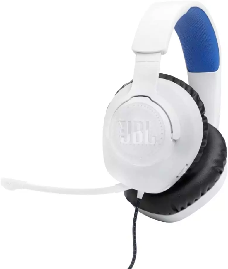Auriculares JBL Quantum 100P para gaming con micrófono desmontable, blanco y azul. Auriculares JBL Quantum 100P para gaming con micrófono desmontable, blanco y azul.